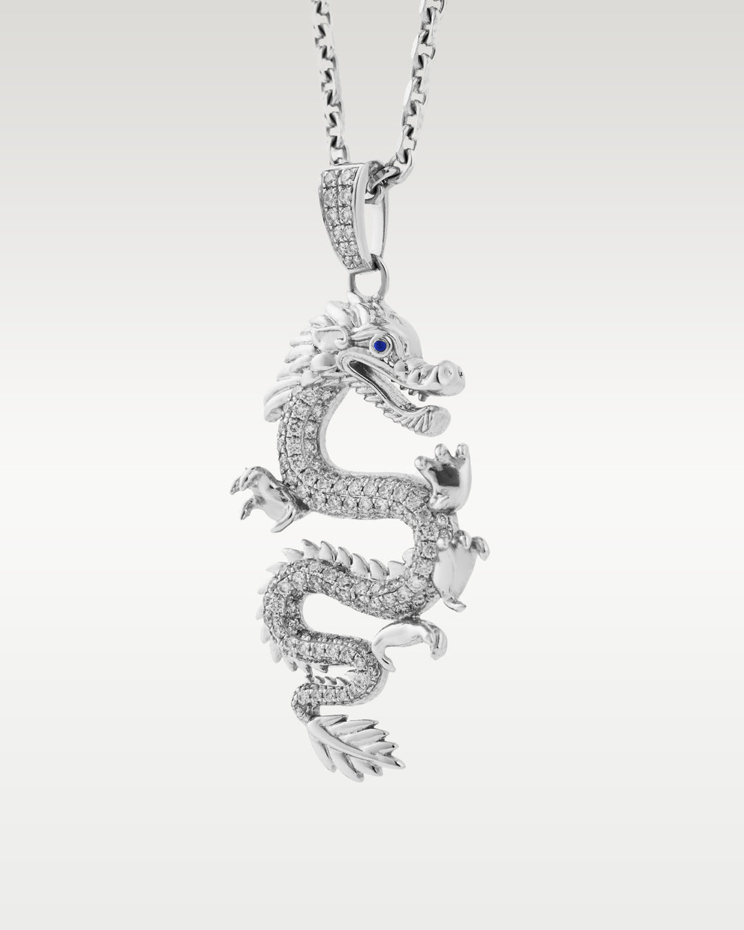 White Gold Diamond Sapphire Dragon Pendant Necklace | Bitton Diamonds Dallas