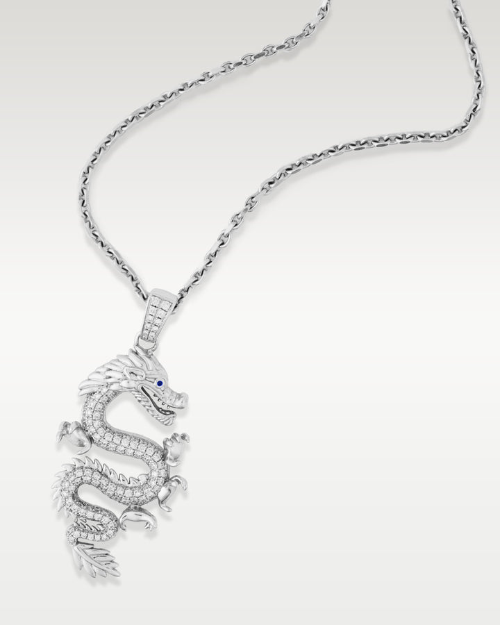 White Gold Diamond Sapphire Dragon Pendant Necklace | Bitton Diamonds Dallas