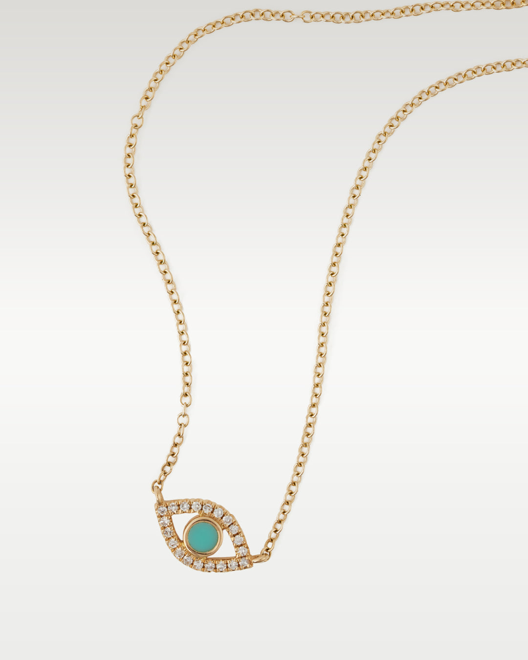 Yellow Gold Evil Eye Diamond and Turqoise Pendant Necklace | Bitton Diamonds Dallas