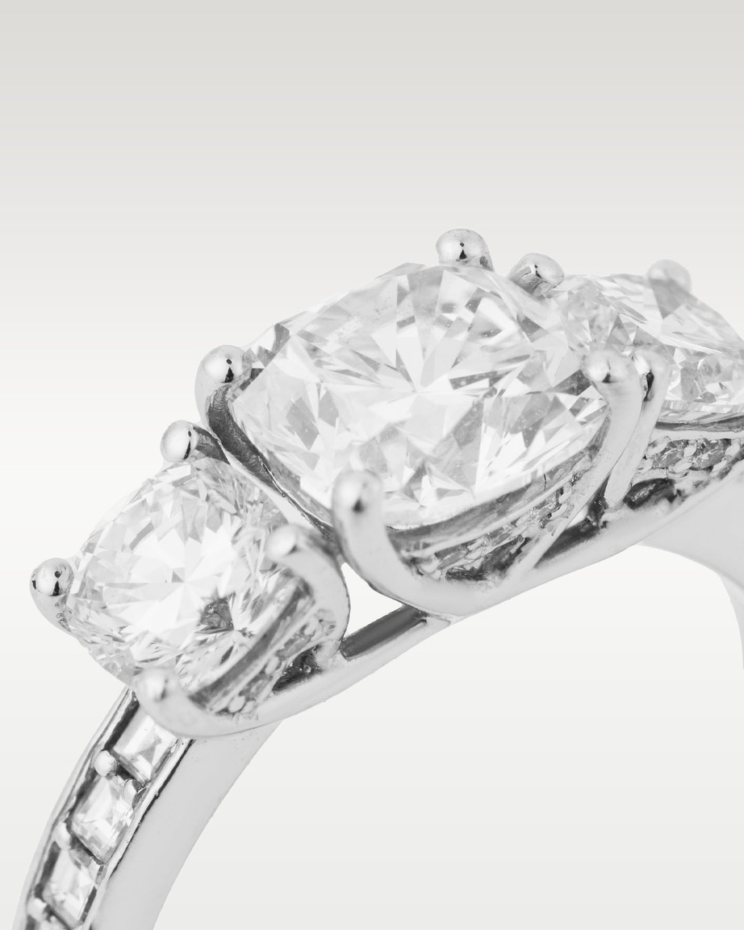 White Gold Three Stone Cushion Diamond Engagement Ring | Bitton Diamonds Dallas