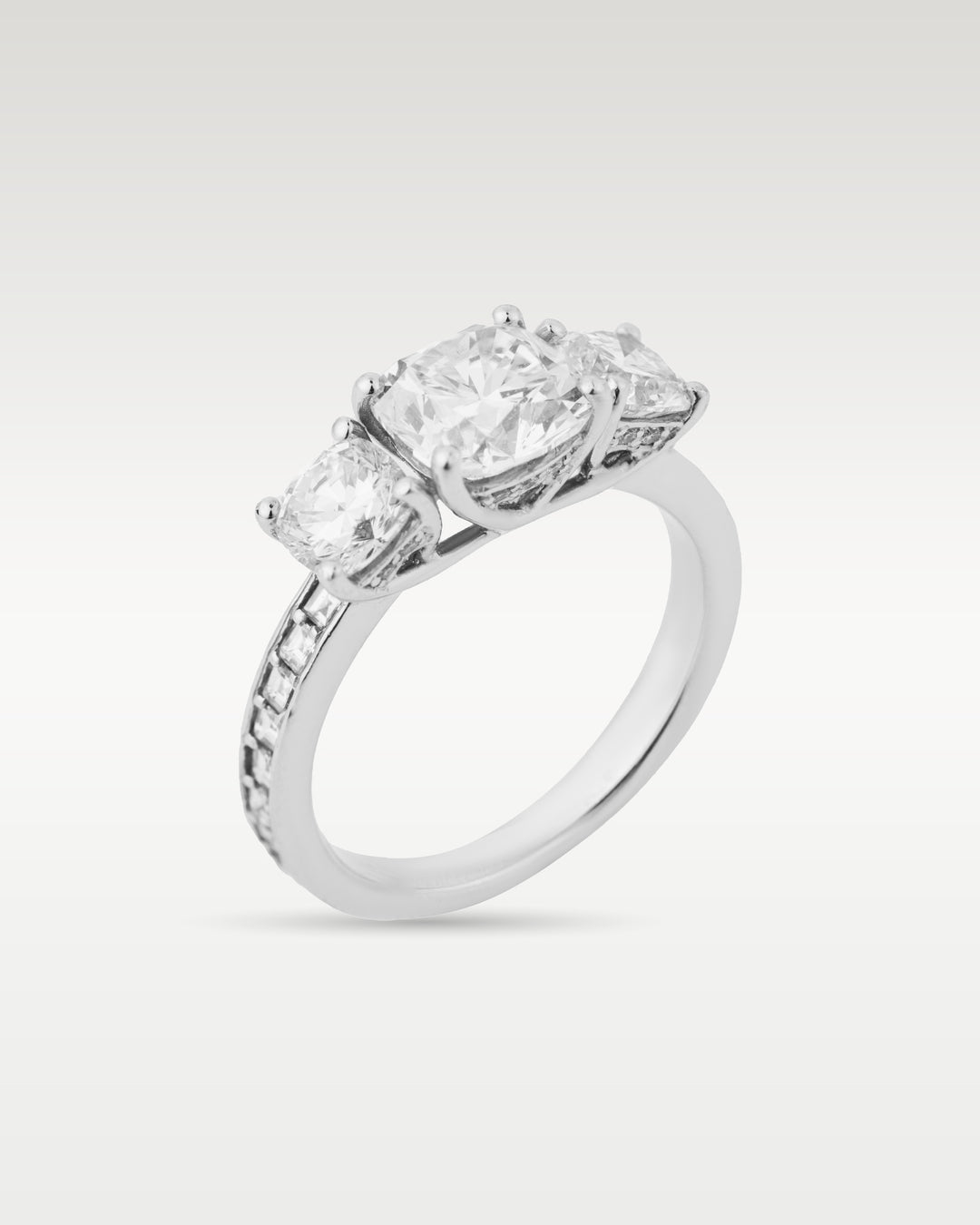 White Gold Three Stone Cushion Diamond Engagement Ring | Bitton Diamonds Dallas